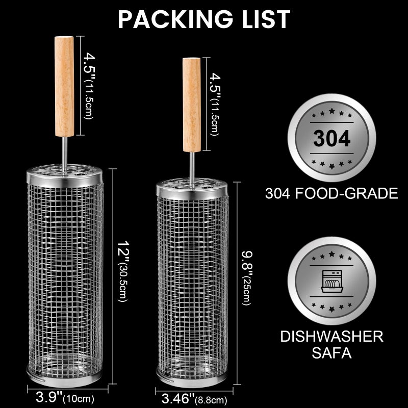BCHWAY Nesting Grill Baskets (2 PCS)  304 Stainless Steel with Removable Wooden Handle  Rolling Grilling Net  BBQ Accessories Tools for Vegetables Shrimp  Outdoor Camping  Gifts for Men Dad and Husband - Image 2